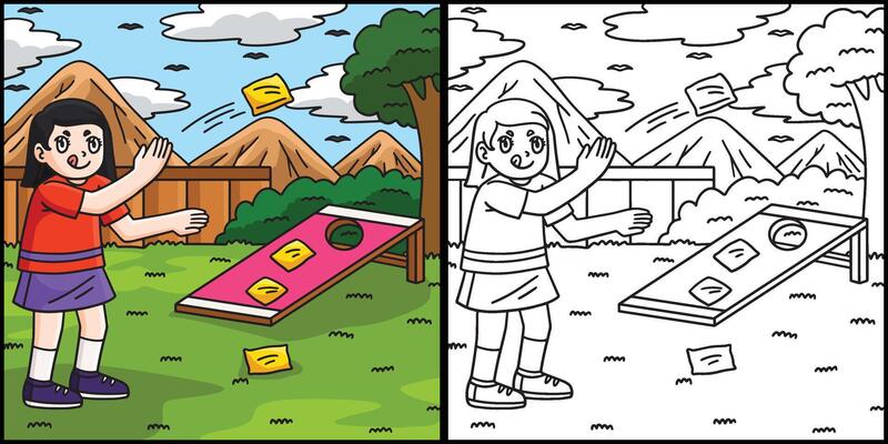 Cornhole Girl Practicing Coloring Illustration