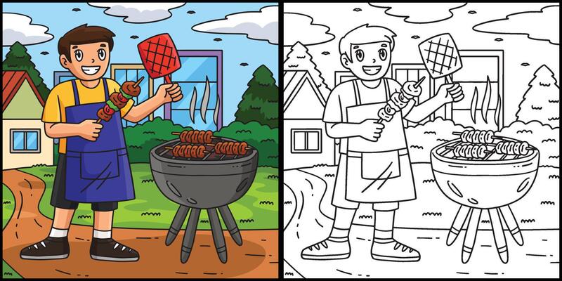 BBQ and Boy Grilling Skewers Coloring Illustration