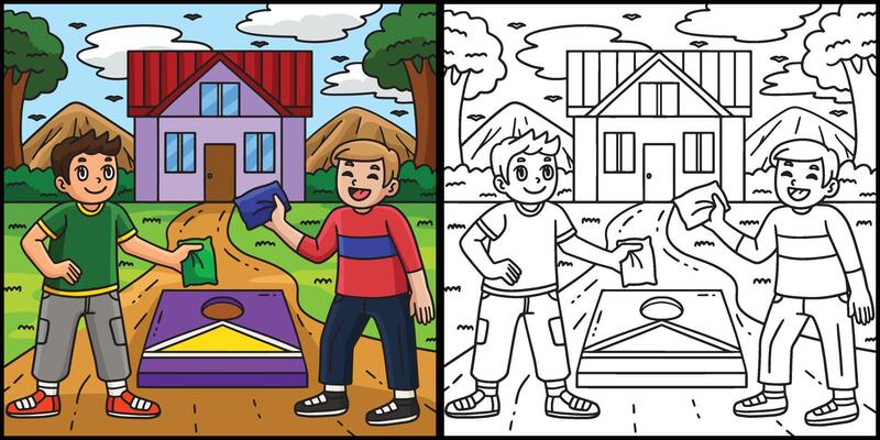 Cornhole Boys Playing Coloring Page Illustration
