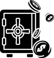 Safe Security and Financial Success icon solid style, Coins Falling into a Safe icon solid style vector