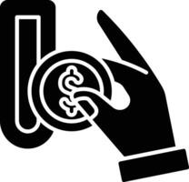 Hand inserting coin into a slot machine, illustration of financial transaction, digital money, payment concept icon solid style vector