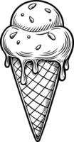 Hand Drawn Ice Cream Cone with Melting Scoops and Sprinkles Line Art Illustration vector