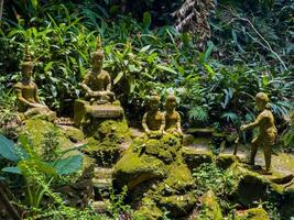 A low-angle, wide shot captures a serene collection of moss-covered stone statues nestled within a vibrant, sun-dappled tropical jungle garden on Koh Samui, Thailand. The intricate details of the photo