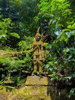 A low-angle, medium shot captures a weathered, moss-covered stone statue of a traditional Thai deity standing majestically amidst the dense, sunlit tropical jungle on Koh Samui, Thailand. The photo