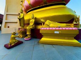 This low-angle, wide-shot captures a collection of resplendent golden Buddha statues, depicting various poses including standing, sitting, and reclining, arranged at the base of a large, golden temple photo