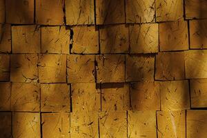 Stack of cut logs forming solid wall, timber abstract texture backdrop. Concept for wood material industry or natural resource. photo