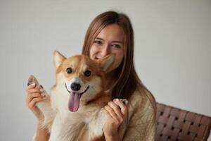 Woman lifting Corgi dog's paws in playful happy moment, smiling together in cozy indoor setting. photo