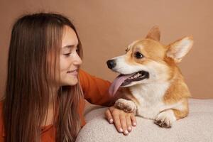 Woman smiling at Corgi dog with tongue out, playful and happy indoor moment. photo