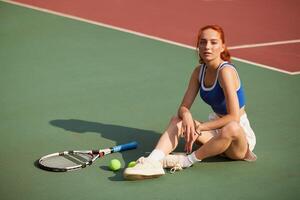 Young Female Tennis Player Resting on Court After Outdoor Practice with Racket and Balls in Summer Light photo