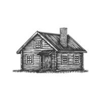 Rustic Log Cabin With Chimney Black And White Silhouette Illustration. Traditional Architecture And Homestead Charm Isolated Illustration vector