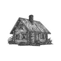 Rustic Log Cabin In Nature Black And White Silhouette Illustration. Symbol Of Simplicity And Tranquility In Rural Living. Isolated Illustration vector