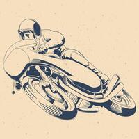 Vintage racing motorcycle rider illustration in retro engraving style vector