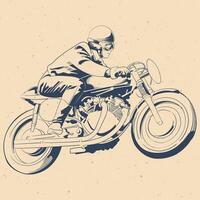 Retro Vintage Cafe Racer Motorcycle Rider Illustration Biker with Helmet and Goggles on Classic Custom Bike, Monochrome Ink Drawing vector