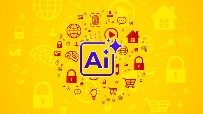 A concept of the role of AI in the world of digital technology. Flat illustration of an artificial intelligence assistant