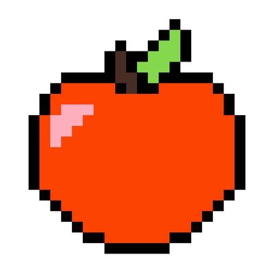 Red apple emoji. Pixel art icon. Isolated on white background. Vintage 8 bit texture. Minimalistic pixel graphic. Fruit symbol. Old style. 80s,90s game object design. Back to school.