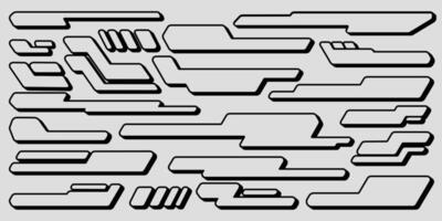 Set of three-dimensional Y2K geometric shapes with bold black outlines on a light background. Futuristic and dynamic cyber techno design for posters, banners, stickers, ads, t-shirts, logos. Sci-fi. vector
