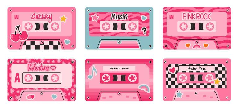 Set of six retro style cassette tape designs in shades of pink with themes like cherries, checkerboard, zebra print, and hearts. Perfect for nostalgic, music inspired, and Valentine s Day projects. vector