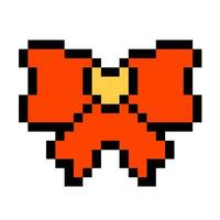 Contemporary red bowknot with yellow heart in the centre. Pixel art icon. Vintage 8 bit texture. Hair braiding accessory. Game design icon. Old style. 90s game style. vector
