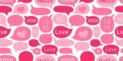 Seamless Valentine s Day pattern with pink speech bubbles featuring romantic words like love, hi, and xoxo on a white background. Pixel font. Perfect for wrapping paper, and romantic designs. vector