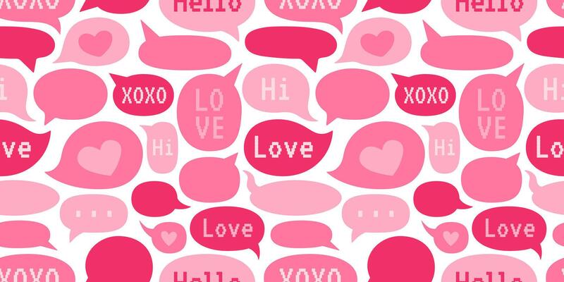 Seamless Valentine s Day pattern with pink speech bubbles featuring romantic words like love, hi, and xoxo on a white background. Pixel font. Perfect for wrapping paper, and romantic designs.