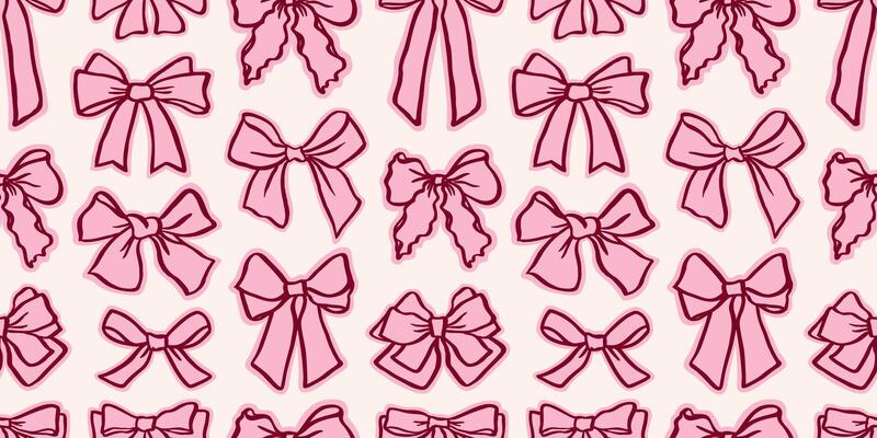 Seamless pink pattern with hand drawn bows. Bow knots, gift ribbons. Trendy hair braiding accessory. Valentine's day background. Whimsical wedding backdrop. Soft, feminine style. Wrapping paper.