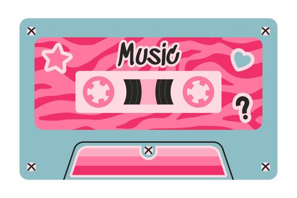 Retro-style pink and teal cassette tape with zebra print patterns, decorative elements like a heart, star, and question mark. Nostalgic and vibrant design evoking 80s and 90s vibes.