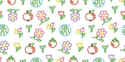 Seamless pattern with flowers, apples, tomatoes, and planet Earth icons on a white background. Vibrant design inspired by nature, sustainability, and spring, perfect for eco-friendly and kids themes. vector