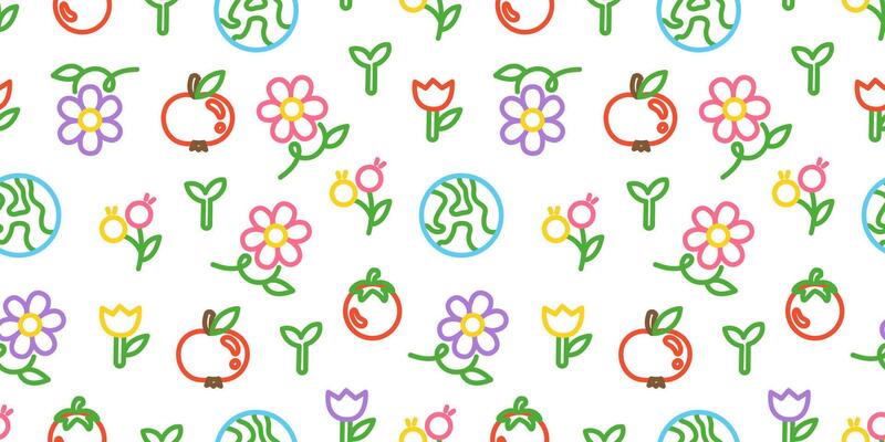 Seamless pattern with flowers, apples, tomatoes, and planet Earth icons on a white background. Vibrant design inspired by nature, sustainability, and spring, perfect for eco-friendly and kids themes.