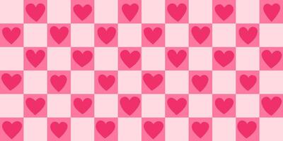Seamless pink heart pattern on a soft checkered background, perfect for Valentine's Day, weddings, or romantic designs. Wrapping paper in y2k millennial style. 2000s retro love chessboard backdrop. vector