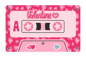 Retro pink cassette tape with heart leopard patterns and word Valentine. Charming and nostalgic design evoking love and romance, perfect for themes of Valentine s Day, music, and vintage aesthetics. vector