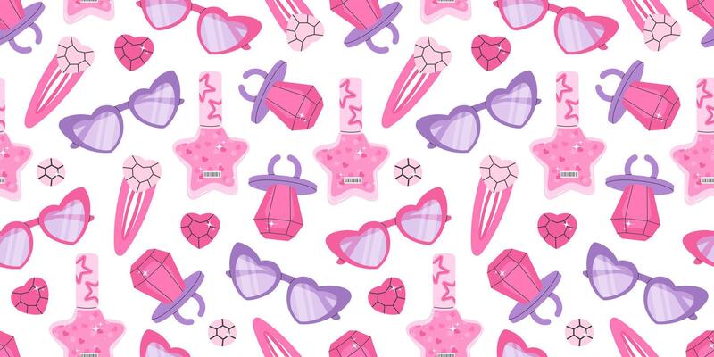 Trendy Y2K-inspired seamless pattern featuring pink accessories like heart-shaped sunglasses, star-shaped nail polish, hair clips, and shiny rings. Perfect for fashion, beauty, and retro 00s designs.