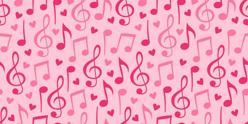Seamless pink pattern with musical notes, treble clefs, and hearts. Perfect for Valentine's Day, romantic designs, wedding invitations, or any project celebrating love and music in a cheerful style.