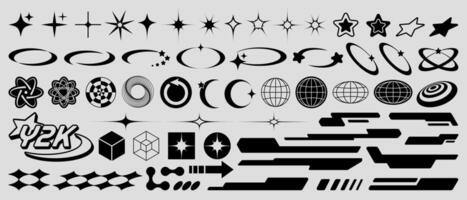 Collection of Y2K elements, including futuristic shapes, stars, globes, cyber typography, and abstract geometric symbols. Perfect for retro-futuristic banners, ads, stickers, posters, and logos. vector