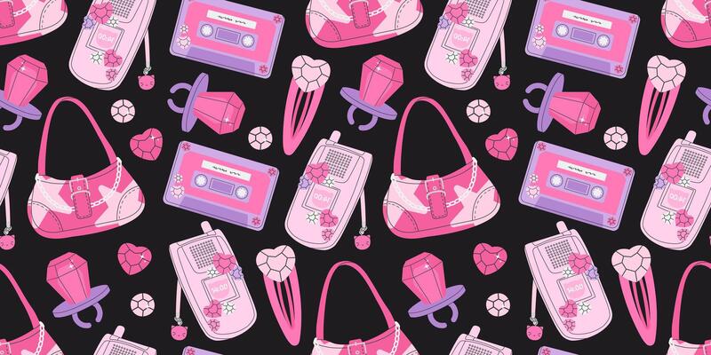 Seamless Y2K pattern on dark background featuring trendy pink and purple accessories. Includes retro cassette tapes, handbags, flip phones, rings, and hair clips. Perfect for retro fashion design.