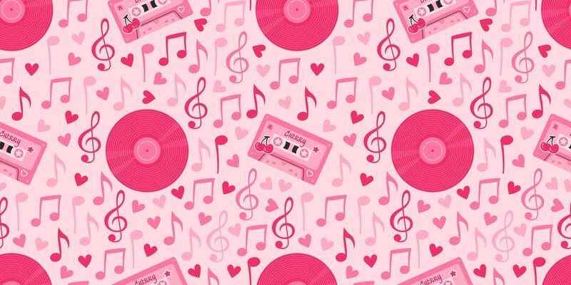 Seamless romantic pattern featuring musical elements like notes, treble clefs, cassettes, and vinyl records with hearts on a pink background. Perfect for Valentine's Day, weddings, and celebrations.
