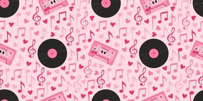 Romantic background with musical elements like notes, treble clefs, cassettes, and vinyl records with hearts. Perfect for Valentine's Day, weddings, and festive celebrations. Seamless pattern. vector