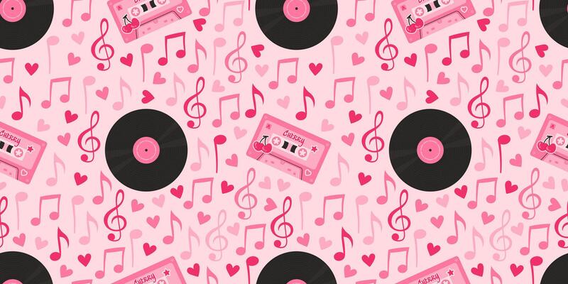 Romantic background with musical elements like notes, treble clefs, cassettes, and vinyl records with hearts. Perfect for Valentine's Day, weddings, and festive celebrations. Seamless pattern.