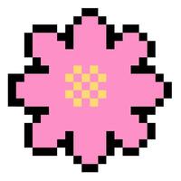 Pixel art of a pink flower with black outlines and a yellow center, showcasing a retro, 8-bit style. Simple yet vibrant design, perfect for digital art, gaming, and creative projects. vector