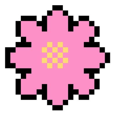 Pixel art of a pink flower with black outlines and a yellow center, showcasing a retro, 8-bit style. Simple yet vibrant design, perfect for digital art, gaming, and creative projects.