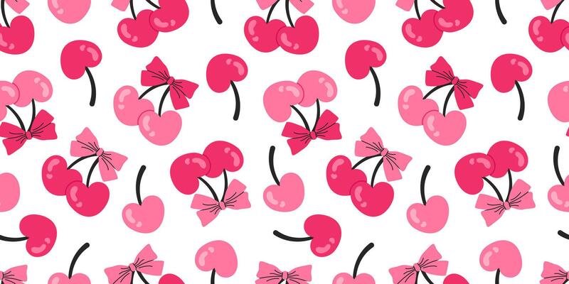 Seamless pattern with heart-shaped cherries and bows in pink and red tones on a white background. Perfect for Valentine's Day designs, romantic themes, gift wrapping, textiles, and creative projects.