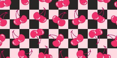 Seamless pattern with vibrant cherries on a pink and black checkered background. Perfect for romantic, retro, or modern designs. Valentine s day. 14 february. geometric background. Gift wallpapers vector