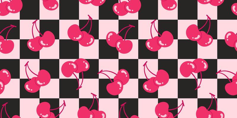 Seamless pattern with vibrant cherries on a pink and black checkered background. Perfect for romantic, retro, or modern designs. Valentine s day. 14 february. geometric background. Gift wallpapers