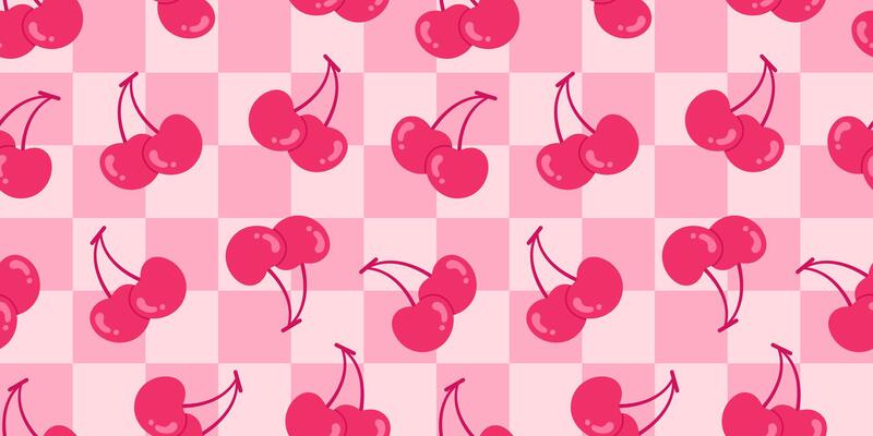 Seamless checkered pattern with vibrant pink cherries on a soft pink background. Perfect for Valentine's Day, romantic themes, packaging, textiles, and playful designs. Sweet and cheerful fruit motif.