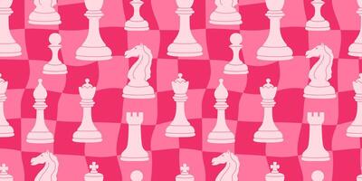 Seamless chess-themed pattern with classic chess pieces on a pink checkered background. Perfect for romantic, retro, or modern designs. Valentine's day. 14 february. Geometric background. Love, XOXO. vector