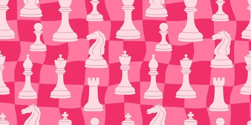 Seamless chess-themed pattern with classic chess pieces on a pink checkered background. Perfect for romantic, retro, or modern designs. Valentine's day. 14 february. Geometric background. Love, XOXO.
