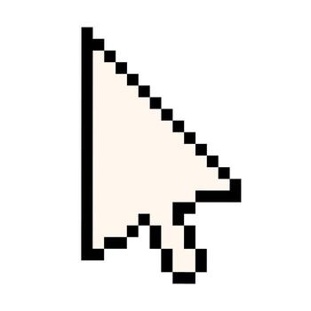 Pointer with an arrow in an 8 bit pixel art style. The cursor of a computer mouse. Isolated on a white background. Hand pointer. Old style. 80s,90s game object design. vector
