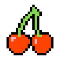 Red cherry emoji. Pixel art icon. Isolated on white background. Vintage 8 bit texture. Minimalistic pixel graphics. Fruit symbol. Old style. 80s,90s object design. vector