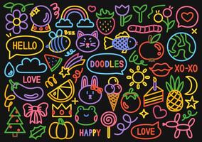 Doodle collection with animals, fruits, flowers, and cheerful elements like rainbows, stars, and hearts on a dark background in neon style. Perfect for kids projects, stationery, and fabric designs. vector