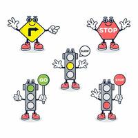 Five sets of colored traffic signs cartoons with various signs, stop, turn, slow down, and go. vector