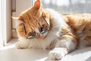 The red cat in round sunglasses with a thoughtful look sits by the window, looking through the glasses photo